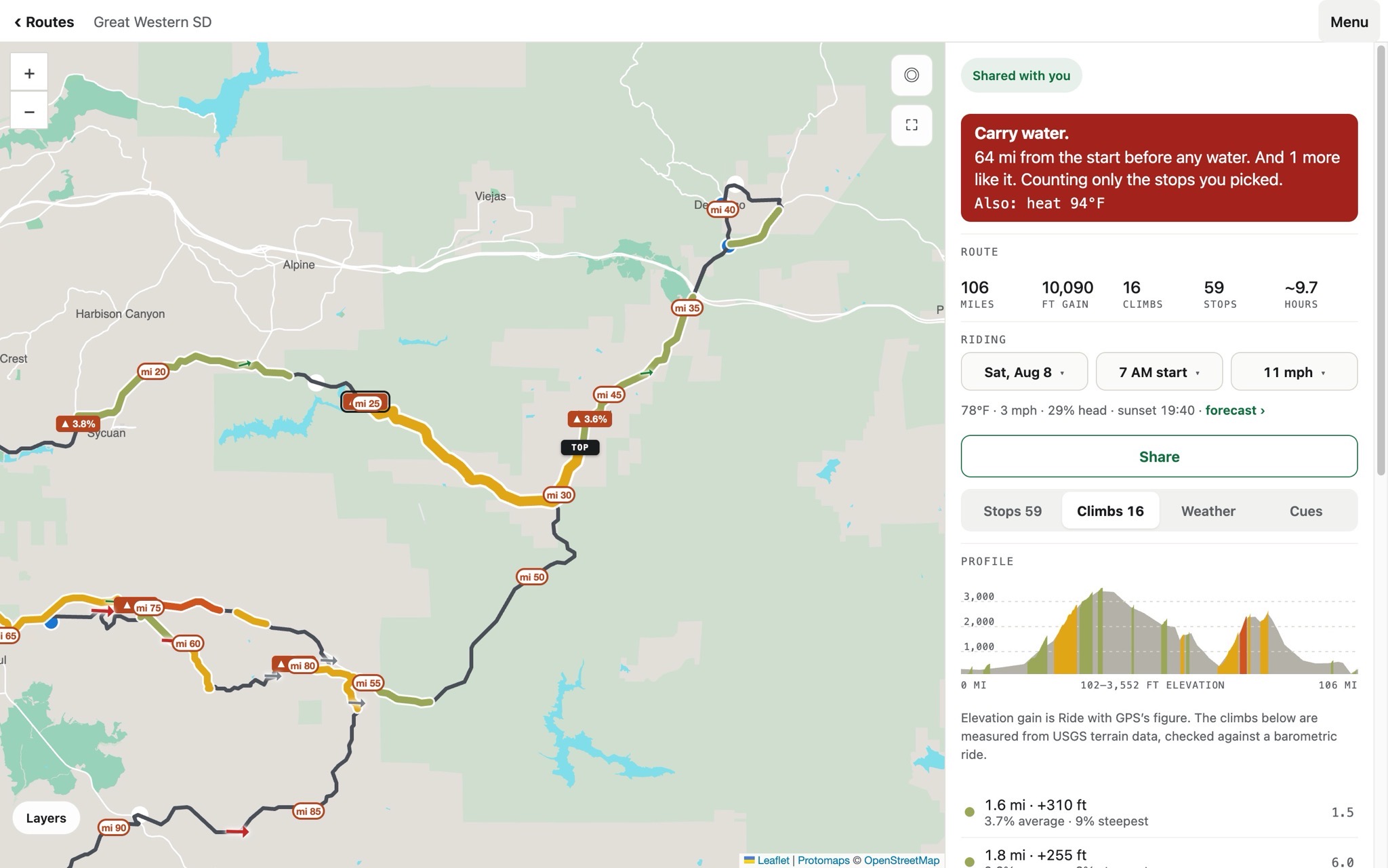 Recon's Climbs view: an elevation profile with all sixteen climbs shaded by difficulty, each listed with its length, gain, and gradient. On a wide screen the selected climb is also drawn in amber on the map with a marker at its top.