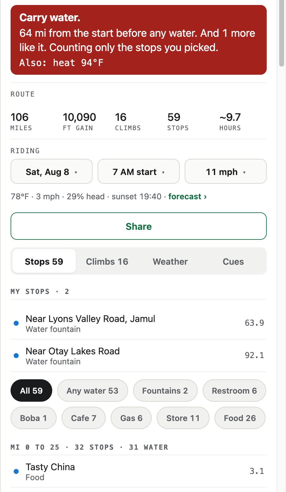 Recon's briefing panel for a 106 mile San Diego route. A warning reads: carry water, 64 miles from the start before any water, and 1 more like it, counting only the stops you picked, also heat 94 degrees. Below it, totals of 10,090 feet of gain, 16 climbs and 59 stops, the date and pace controls, and the two picked water fountains at miles 63.9 and 92.1.