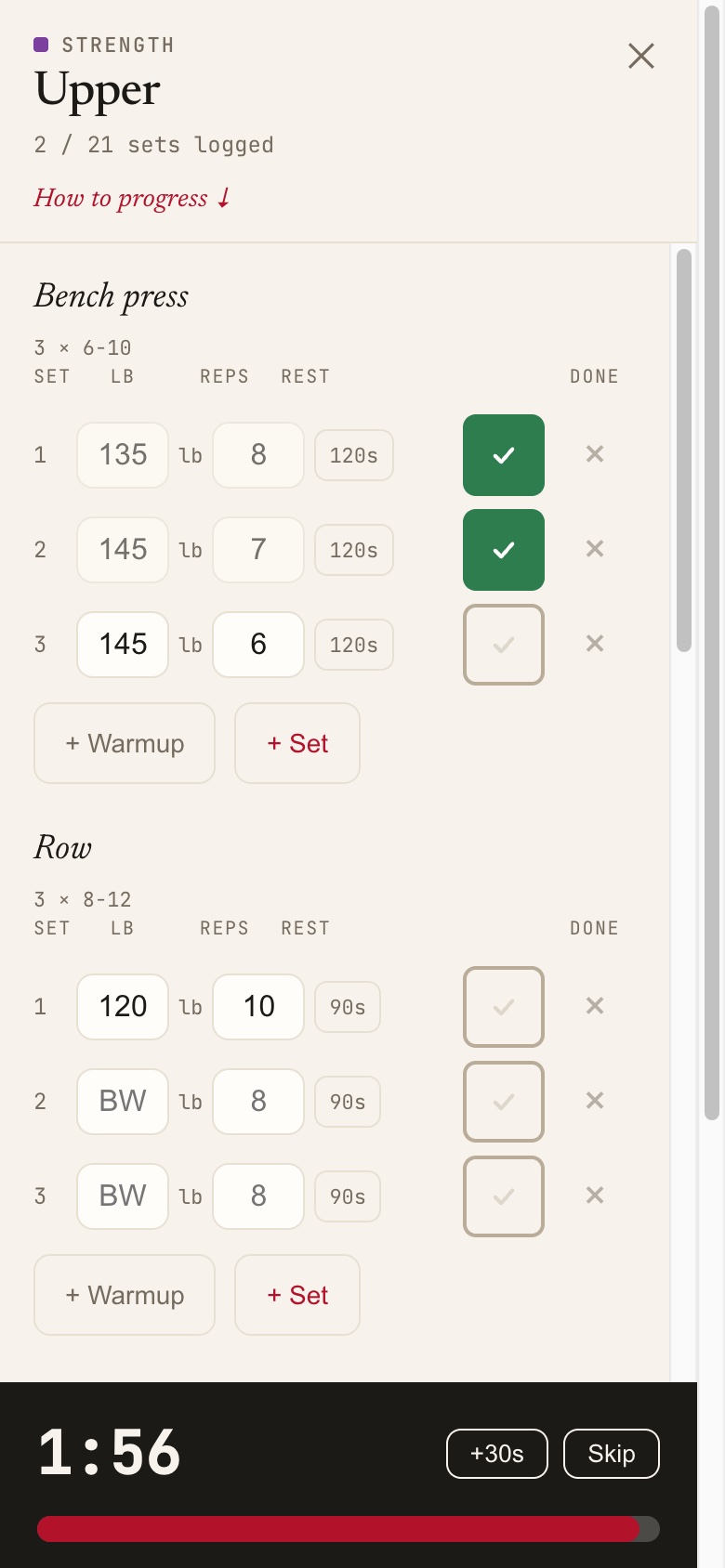 Trainlog's strength logger part way through an Upper session. Bench press is logged at 135 pounds for 8 reps and 145 for 7, both ticked off, with a third set pending. A rest timer along the bottom of the screen shows one minute fifty six remaining, with buttons to add thirty seconds or skip.